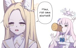 Rule 34 | &gt; &lt;, 2girls, absurdres, animal ear fluff, animal ears, aura bullying (meme), blonde hair, blue archive, cake, clover dot (clov erd), commentary, english commentary, english text, food, food in mouth, fox ears, fox girl, green eyes, halo, highres, long hair, meme, mika (blue archive), multicolored eyes, multiple girls, open mouth, parody, pink hair, pink halo, red eyes, scene reference, seia (blue archive), simple background, sousou no frieren, speech bubble, swiss roll, tanezaki atsumi, two-tone eyes, voice actor connection, white background, yellow halo