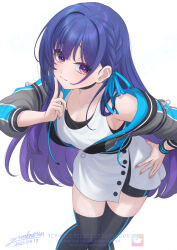 1girl armpit_peek colored_inner_hair gunknown idolmaster idolmaster_va-liv kamizuru_cosmo long_hair multicolored_hair single_bare_shoulder streamers thighhighs two-tone_hair virtual_youtuber