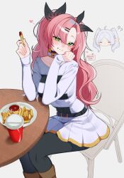 2girls absurdres ahoge black_pantyhose black_ribbon boots breasts brown_boots chair cosplay cup disposable_cup eating elf food french_fries frieren frieren_(cosplay) green_eyes hair_ornament hair_ribbon hairclip head_only highres holding holding_food large_breasts long_hair multiple_girls nicole_demara noodychaan on_chair pantyhose pink_hair pointy_ears ribbon shirt simple_background sitting skirt soda sousou_no_frieren table twintails twitter_username white_background white_shirt white_skirt zenless_zone_zero