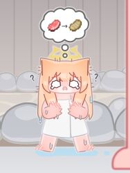1girl 1other ? absurdres animal_ear_fluff barefoot blue_archive blunt_bangs blush chibi fence full_body halo highres horuhara mari_(blue_archive) naked_towel no_nose nose_blush onsen open_mouth orange_hair puddle solo_focus speech_bubble thought_bubble towel water wavy_eyes wet wooden_fence yellow_halo