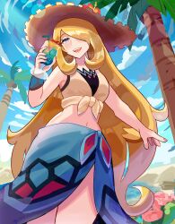 1girl absurdres beach bikini bikini_under_clothes blonde_hair blue_sarong blue_sky breasts cloud coconut_tree crop_top cup cynthia_(pokemon) cynthia_(summer_2025)_(pokemon) day flower hair_over_one_eye hat hat_flower highres holding holding_cup long_hair medium_breasts nintendo official_alternate_costume outdoors palm_tree pokemon pokemon_masters_ex sarong shirt sky solo spyg swimsuit tied_shirt tree very_long_hair
