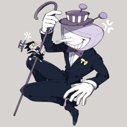 2boys anger_vein ant_tenna black_jacket black_pants black_shoes bow bowtie cane commentary_request deltarune grey_background grin hat heterochromatic_eyewear highres holding holding_cane jacket long_nose long_sleeves male_focus multiple_boys nikorashi-ka object_head open_mouth pants pink-tinted_eyewear pointy_nose purple_bow purple_bowtie purple_hat round_eyewear shoes simple_background smile spamton_g._spamton television tinted_eyewear yellow-tinted_eyewear