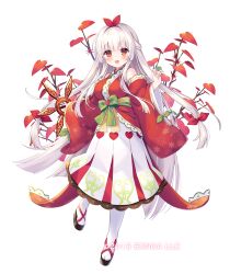 1girl :d bare_shoulders black_sandals blush bow breasts detached_sleeves flower_knight_girl green_bow hair_ribbon half_updo heart highres japanese_clothes kimono long_hair long_sleeves looking_at_viewer medium_breasts name_connection object_namesake official_art open_mouth pantyhose pleated_skirt red_eyes red_kimono red_ribbon red_sleeves redbud_hazel_(flower_knight_girl) ribbon sandals simple_background skirt sleeveless sleeveless_kimono smile solo standing standing_on_one_leg umeko_machi very_long_hair white_background white_hair white_pantyhose white_skirt wide_sleeves