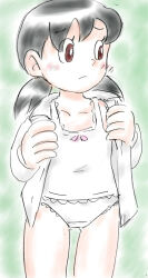 1girl black_hair blush bow bow_camisole brown_eyes camisole collarbone crotch_seam doraemon embarrassed flat_chest green_background jacket lace lace-trimmed_camisole lace-trimmed_panties lace_trim long_sleeves looking_to_the_side low_twintails minamoto_shizuka open_clothes open_jacket panties pink_bow removing_jacket short_hair standing su_(pixiv_263717) twintails underwear white_camisole white_jacket white_panties