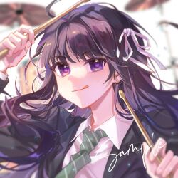 Rule 34 | 1girl, :q, arm up, awa subaru, black hair, black jacket, blazer, blurry, blurry background, blurry foreground, chinese commentary, collared shirt, commentary request, depth of field, diagonal-striped clothes, diagonal-striped necktie, drumsticks, girls band cry, green necktie, hair ribbon, hand up, highres, holding, holding drumsticks, hotaru gugugu, jacket, lapels, light particles, long hair, long sleeves, looking at viewer, multicolored hair, necktie, purple eyes, purple hair, ribbon, sample watermark, shirt, smile, solo, streaked hair, striped clothes, tongue, tongue out, upper body, watermark, white ribbon, white shirt