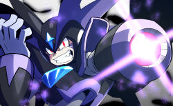 Rule 34 | 1boy, aiming, android, arm cannon, arm up, armor, bass (mega man), black armor, black helmet, chest jewel, clenched teeth, evil grin, evil smile, facial mark, forehead jewel, gradient background, grin, helmet, helmet over one eye, highres, hiyoko ai, jewelry, looking at viewer, male focus, mechanical wings, mega man (classic), mega man (series), plume, powering up, red eyes, robot, robot ears, shoulder armor, smile, solo, sparkle, super bass (mega man), teeth, weapon, winged helmet, wings