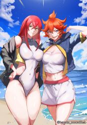 Rule 34 | 2girls, absurdres, beach, black clover, blue eyes, breasts, green eyes, hayato moonskeb, highres, large breasts, long hair, mereoleona vermillion, multiple girls, orange hair, princia funnybunny, red hair, short hair, smile, swimsuit