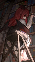 1girl :o absurdres ahoge armband artist_name barefoot bat_wings black_armband black_dress black_wings blush book book_stack bookshelf commentary_request dress frilled_dress frills full_body hair_between_eyes head_wings highres koakuma kourou_(kouroukun) ladder looking_at_viewer looking_back looking_down low_wings pinafore_dress red_eyes red_hair shirt shirt_under_dress sitting sleeveless sleeveless_dress solo touhou white_shirt wings