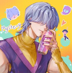 Rule 34 | 1boy, 1girl, blush, can, chibi, detached sleeves, doido7o, drink can, hair over eyes, heart, highres, holding, holding can, kpop demon hunters, light smile, lips, male focus, medium hair, mystery (kpop demon hunter), nose blush, parted lips, purple hair, purple nails, purple sweater vest, sleeveless, sleeveless sweater, soda can, sweater, sweater vest, teeth, upper body, yellow sweater, zoey (kpop demon hunters)