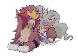 blue_bow blue_dress blue_eyes bow brown_hair child dress entei gem gen_2_pokemon leaning legendary_pokemon molly_hale nintendo pokemon pokemon_(anime) pokemon_(classic_anime) pokemon_(creature) pokemon_3:_the_movie_-_spell_of_the_unown:_entei red_footwear sagemaru-br short_hair signature simple_background sitting thighhighs white_background white_legwear