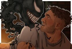 2boys absurdres artist_name beard blush commentary eddie_brock english_commentary eyebrow_cut facial_hair fade_(haircut) fangs grey_shirt grin heart heart-shaped_eyes highres implied_sex looking_at_another male_focus marvel multiple_boys open_mouth pan_od_tortur shirt smile symbiote twitter_username venom_(marvel) yaoi