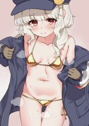 1girl absurdres aoba_(blue_archive) bikini blue_archive blue_jacket blush breasts brown_gloves commentary_request gloves gold_bikini hat highres jacket long_sleeves looking_at_viewer navel open_clothes peaked_cap red_eyes sacha small_breasts solo swimsuit white_hair