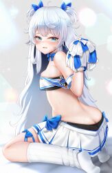 1girl absurdres ass black_sports_bra blue_bow blue_bowtie blue_eyes blue_ribbon blue_skirt blush bow bowtie breasts butt_crack cheerleader crop_top from_behind goddess_of_victory:_nikke hair_ribbon highres long_hair looking_at_viewer looking_back official_alternate_costume poli_(cheer_up_police)_(nikke) poli_(nikke) pom_pom_(cheerleading) ribbon short_twintails sidelocks sitting skindentation skirt small_breasts socks solo sports_bra sweat twintails two-tone_skirt very_long_hair wavy_hair white_hair white_skirt white_socks yomining