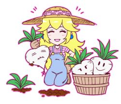 1girl ^_^ akairiot brown_gloves chibi closed_eyes earrings female_focus gardening gloves jewelry kneeling mario_(series) nintendo overalls princess_peach solo super_mario_bros._2 transparent_background turnip