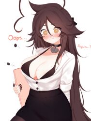 1girl absurdres ahoge arm_behind_back black_bra black_choker black_nails black_pantyhose black_skirt blush bra breast_focus breasts brown_eyes brown_hair buttons choker cleavage closed_mouth collarbone collared_shirt embarrassed english_text eyebrows_hidden_by_hair eyes_visible_through_hair fake_nails folder half_updo hazel_eyes heart heart-shaped_pupils heart_ahoge heart_choker high-waist_skirt highres holding holding_folder huge_ahoge indie_virtual_youtuber large_breasts long_hair looking_to_the_side office_lady pantyhose pencil_skirt shirt skirt sky_above_me sky_above_me_(vtuber) solo standing symbol-shaped_pupils underwear very_long_hair virtual_youtuber white_background
