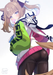 1girl almond_eye_(umamusume) alternate_costume alternate_hairstyle animal_ears artist_name ass black_panties blue_eyes blue_hair blunt_bangs blush brown_hair chahanramen chewing_gum colored_inner_hair commentary cosplay cross-shaped_pupils from_behind hands_in_pockets highres hood hood_down hooded_jacket horse_ears horse_girl horse_tail jacket long_hair long_sleeves looking_at_viewer multicolored_hair multicolored_jacket panties puffy_long_sleeves puffy_sleeves simple_background solo star_(symbol) symbol-shaped_pupils tail twin_turbo_(umamusume) twin_turbo_(umamusume)_(cosplay) twintails umamusume underwear white_background white_jacket x-shaped_pupils