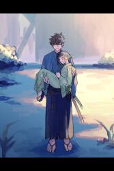 1boy 1girl black_hair black_hakama blue_kimono brother_and_sister carrying closed_eyes fate/samurai_remnant fate_(series) full_body green_kimono hakama highres japanese_clothes katana kimono miyamoto_252 miyamoto_iori_(fate) ogasawara_kaya open_mouth outdoors princess_carry short_hair siblings smile standing sword topknot weapon