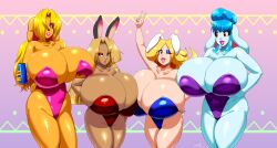 4girls blonde_hair blue_eyes blue_hair blue_skin breasts bursting_breasts cleavage colored_skin dark-skinned_female dark_skin eyeshadow gigantic_breasts highres leotard lipstick long_hair makeup multiple_girls one_eye_closed playboy_bunny rabbit_ears red_eyes smile speeds thick_thighs thighs v wink