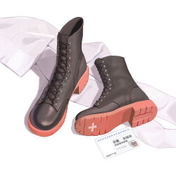 Rule 34 | black footwear, blue archive, boots, commentary, cross, english commentary, footwear focus, highres, id card, lace-up boots, no humans, pantyhose, serina (blue archive), simple background, trinity general school logo, ttt (5274293), unworn footwear, unworn pantyhose, white background, white pantyhose