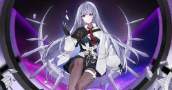 Rule 34 | 1girl, 230819, absurdres, arcaea, black bow, black bowtie, black eyes, black hair, blonde hair, bow, bowtie, breasts, cowboy shot, flower, hair between eyes, heterochromia, highres, insight (arcaea), long hair, looking at viewer, medium breasts, multicolored bow, multicolored hair, red eyes, red ribbon, ribbon, shirt, sidelocks, sleeve cuffs, two-tone hair, upper body, very long hair, white background, white bow, white flower, white petals, white shirt, white sleeves