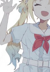 1girl :d ^_^ absurdres blonde_hair blue_dress blue_hair blush closed_eyes dress facing_viewer flower gradient_hair hair_flower hair_ornament highres link!_like!_love_live! love_live! multicolored_hair neckerchief open_mouth osawa_rurino puffy_short_sleeves puffy_sleeves red_neckerchief sailor_collar sailor_dress short_sleeves sio_pasta smile solo summer_uniform twintails upper_body virtual_youtuber waving white_flower white_sailor_collar