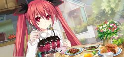 1girl blush bowl bread chopsticks collared_shirt date_a_live date_a_live:_spirit_pledge day desk dutch_angle fish_(food) food game_cg grilled_fish hair_between_eyes hair_ribbon holding holding_chopsticks indoors itsuka_kotori lens_flare long_hair long_sleeves looking_at_viewer milk official_art plant potted_plant red_eyes red_hair ribbon rice_bowl shirt solo third-party_source tree twintails v-shaped_eyebrows white_shirt