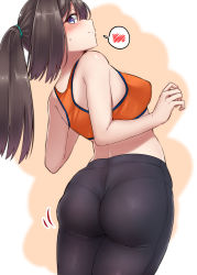 1girl absurdres akizuki_(kancolle) ass black_hair black_pants blush breasts closed_mouth cowboy_shot from_behind highres kantai_collection kiritto long_hair looking_at_viewer looking_back medium_breasts motion_lines orange_tank_top pants pantylines ponytail purple_eyes solo spoken_blush sports_bra tank_top yoga_pants
