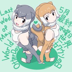 2girls :3 animal_ears back-to-back bare_shoulders blush brown_eyes brown_gloves brown_hair brown_one-piece_swimsuit brown_thighhighs elbow_gloves english_text fingerless_gloves frilled_one-piece_swimsuit frills from_above gloves grey_gloves grey_hair grey_one-piece_swimsuit grey_thighhighs highres holding_hands japanese_otter_(kemono_friends) kemono_friends multicolored_hair multiple_girls one-piece_swimsuit otter_ears otter_girl otter_tail ririnasoon short_hair sidelocks sleeveless small-clawed_otter_(kemono_friends) swimsuit tail tail_wrap thighhighs toeless_legwear translation_request two-tone_hair two-tone_one-piece_swimsuit white_hair white_one-piece_swimsuit