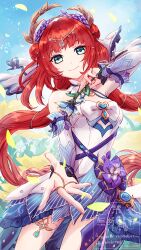 Rule 34 | 1girl, absurdres, aqua eyes, bare shoulders, blue flower, blue sleeves, circlet, closed mouth, commentary request, detached sleeves, double bun, dress, fingernails, flower, genshin impact, gradient sleeves, hair bun, hair flower, hair ornament, highres, holding, holding flower, hydro symbol (genshin impact), long hair, looking at viewer, nilou (breeze of sabaa) (genshin impact), nilou (genshin impact), official alternate costume, outdoors, purple flower, red hair, sleeveless, sleeveless dress, smile, solo, sumi noth, very long hair, vision (genshin impact), white dress, white sleeves