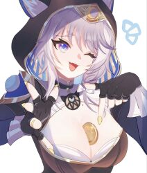 1girl ;o animal_ears animal_hood between_breasts black_gloves blue_eyes breasts cat_ears cat_girl cat_hood cipher_(honkai:_star_rail) coin fang fingerless_gloves gloves gold_coin grey_hair highres honkai:_star_rail honkai_(series) hood large_breasts missing_commentary mole oekakidekinai1 one_eye_closed pointing pointing_at_object pointing_at_self short_hair simple_background skin_fang solo upper_body white_background yellow_nails