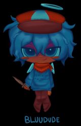 1boy angel angel_wings bandana bandana_around_neck baseball_cap black_background blue_eyes blue_hair blue_halo blue_sweater blush_stickers bluudude_(forsaken) chibi chibi_only child dark_skin english_text forsaken_(roblox) furrowed_brow fuziyams halo hat highres holding holding_knife humanization knife mini_wings red_bandana roblox simple_background sweater wings