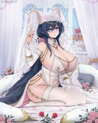 1girl absurdres black_hair blue_eyes breasts brown_horns clothing_cutout commentary detached_sleeves dismaiden echocalypse english_commentary flower heart_cutout highres horns huge_breasts lingerie long_hair looking_at_viewer navel navel_cutout on_bed pink_flower pink_rose red_flower red_rose rosabelle_(echocalypse) rose see-through_clothes see-through_veil seiza sitting solo thighhighs twitter_username underwear vase veil very_long_hair white_sleeves white_thighhighs