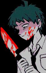1boy black_background black_eyes black_necktie blood blood_on_face bloody_knife bloody_weapon blue_hair danganronpa_(series) danganronpa_2:_goodbye_despair grey_shirt hands_up highres hinata_hajime holding holding_knife jaggy_lines knife male_focus necktie parted_lips shirt short_hair simple_background solo sweat upper_body uri_ka55 weapon