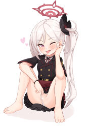 1girl :p barefoot batazungharn blue_archive blush censored cleft_of_venus clothing_aside feet female_focus full_body highres long_hair looking_at_viewer mutsuki_(blue_archive) one_eye_closed panties panties_aside pussy red_eyes side_ponytail smile solo toes tongue tongue_out underwear white_hair wink