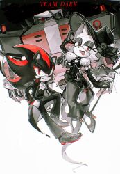 1girl 2boys absurdres adjusting_clothes adjusting_headwear alternate_costume ascot bat_wings black_background black_coat black_dress black_gloves black_pants cane chinese_commentary closed_mouth coat commentary_request dress e-123_omega elbow_gloves english_text eyepatch eyeshadow frown furry furry_female furry_male gloves gradient_background highres holding holding_cane limited_palette looking_at_viewer makeup multiple_boys omega_symbol open_mouth pants red_eyes robot rouge_the_bat shadow_the_hedgehog sonic_(series) sonic_heroes waaii132299 white_background wings