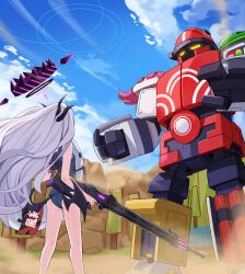 1girl ass back battle blue_archive blue_sky blurry cloud cloudy_sky commentary ddog demon_girl demon_horns demon_wings depth_of_field finger_on_trigger from_behind gun halo highres hina_(blue_archive) hina_(swimsuit)_(blue_archive) holding holding_gun holding_weapon horns kaiten_fx_mk.0_(blue_archive) kneepits lifebuoy long_hair looking_at_another machine_gun mecha mg42 official_alternate_costume old_school_swimsuit robot school_swimsuit sidelocks sky sleeveless swim_ring swimsuit weapon white_hair wind wings