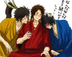 3boys blue_theme blush date_masamune_(sengoku_basara) lowres maeda_keiji maeda_keiji_(sengoku_basara) male_focus multiple_boys red_theme sanada_yukimura_(sengoku_basara) sengoku_basara yellow_theme