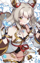 1girl animal_ear_fluff black_leotard blush breasts closed_mouth cowboy_shot dress gloves grey_hair heart highres leotard long_hair looking_at_viewer nia_(blade)_(xenoblade) nia_(xenoblade) small_breasts smile solo suuuuica water white_background white_dress white_gloves xenoblade_chronicles_(series) xenoblade_chronicles_2 yellow_eyes