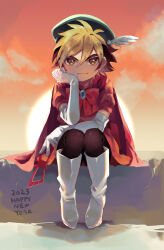 Rule 34 | 1boy, 2023, amanogawa ryuusei, arm rest, beret, black hair, black pantyhose, blonde hair, boots, bow, brooch, brown eyes, cape, closed mouth, cloud, commentary request, cosplay, crossdressing, crossdressing (mtf), domino mask, dress, elbow gloves, elbow rest, eye mask, full body, gloves, green hat, happy new year, hat, head rest, highres, holding, holding mask, jewelry, jinzou konchuu kabutoborg vxv, kuroda (kuro yyy), looking at viewer, male focus, mask, new year, official alternate costume, orange dress, orange sky, outdoors, pantyhose, puffy short sleeves, puffy sleeves, red bow, red cape, short hair, short sleeves, sitting, sky, smile, solo, sun, sunset, unworn mask, venezian, venezian (cosplay), white boots, white gloves