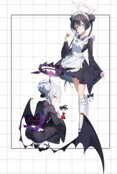 2girls absurdres alternate_costume apron black_dress black_gloves black_hair black_kimono blue_archive blush closed_mouth demon_girl demon_horns demon_wings double_bun dress floral_print floral_print_kimono from_behind gloves grey_eyes hair_between_eyes hair_bun hairband highres hina_(blue_archive) holding_pouch horns japanese_clothes kimono kisaki_(blue_archive) kneehighs long_hair maid maid_apron maid_headdress multiple_girls obi print_kimono purple_eyes purple_sash sandals sash socks super_h2o twintails white_apron white_hair white_hairband white_socks wings