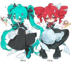 2girls :t @_@ ahoge alternate_costume anger_vein apple apron back_bow baguette black_boots black_dress blue_eyes blue_hair boots bow bowtie bread buttons character_name commentary crossed_bangs donut double-breasted dress enmaided food from_side fruit full_body hair_between_eyes hair_bow hair_ribbon hatsune_miku high_heel_boots high_heels highres ice_cream ice_cream_cone kaiaik_(zheliakaina) kasane_teto kasane_teto_(sv) long_hair looking_at_viewer maid maid_day mini_person multiple_girls pout red_bow red_bowtie red_eyes ribbon simple_background spring_onion strawberry sweatdrop symbol-only_commentary synthesizer_v twintails utau very_long_hair vocaloid white_apron white_background white_bow white_ribbon