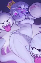 1girl absurdres benzbt blush boo_(mario) breasts cleavage dress earrings embarrassed hands_on_own_face highres jewelry large_breasts looking_at_viewer luigi&#039;s_mansion mario_(series) new_super_mario_bros._u_deluxe nintendo pink_eyes princess_king_boo sharp_teeth super_crown teeth tongue tongue_out white_dress white_hair
