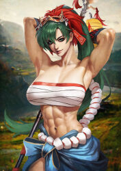 1girl abs absurdres armpits arms_up bandages breasts chest_sarashi cleavage collarbone commission commissioner_upload cowboy_shot fire_emblem fire_emblem:_the_blazing_blade fire_emblem_heroes green_eyes green_hair highres holding holding_polearm holding_weapon large_breasts long_hair looking_at_viewer lyn_(fire_emblem) lyn_(flame)_(fire_emblem) mask mask_on_head midriff monori_rogue navel nintendo non-web_source official_alternate_costume polearm ponytail sarashi smile solo spear strapless toned toned_female tube_top weapon