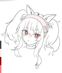 Rule 34 | 1girl, :&lt;, angelina (arknights), animal ears, arknights, bright pupils, color guide, cropped head, dot nose, fox ears, fox girl, hair between eyes, hairband, looking at viewer, monochrome, pink hairband, red eyes, sidelocks, simple background, sketch, solo, spot color, sussurrobestmom, twintails, upper body, white background, white pupils