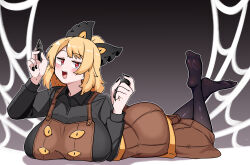 1girl absurdres black_bow black_nails black_shirt black_thighhighs blonde_hair bow breasts brown_dress dress full_body hat hat_bow highres holding kurodani_yamame large_breasts lying no_shoes open_mouth red_eyes rinyamame shirt short_hair silk smile solo spider_web thighhighs touhou