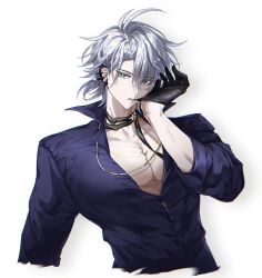 1boy antenna_hair biting biting_glove black_shirt blue_eyes collared_shirt earclip gloves grey_hair half-closed_eyes half_gloves hand_up highres honkai:_star_rail honkai_(series) looking_at_viewer male_focus official_alternate_costume open_clothes open_shirt parted_bangs pectoral_cleavage pectorals pero_(jang_h) phainon_(fashion)_(honkai:_star_rail) phainon_(honkai:_star_rail) shirt simple_background solo teeth upper_body white_background yellow_pupils