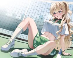 1girl abs black_choker blonde_hair blue_eyes blush breasts choker crop_top crop_top_overhang day dimos_(dawn_1945) green_skirt hair_between_eyes hair_ornament hairclip highres kantai_collection large_breasts long_hair looking_at_viewer midriff minneapolis_(kancolle) minneapolis_(tennis)_(kancolle) on_ground open_mouth outdoors pleated_skirt shirt shoes short_sleeves sitting skirt socks solo sportswear sweat tennis_court tennis_net tennis_uniform twitter_username two_side_up very_long_hair white_shirt white_shoes white_socks