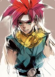 1boy belt blue_tunic brown_background chrono_trigger crono_(chrono_trigger) green_eyes grin hatching_(texture) headband highres kannoaki looking_at_viewer male_focus neckerchief red_hair sketch smile solo spiked_hair tunic upper_body white_headband yellow_neckerchief