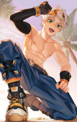 Rule 34 | 1boy, abs, armpits, bandana, bennett (adventures in blazing hue) (genshin impact), bennett (genshin impact), biceps, blue shirt, collarbone, commentary, genshin impact, grey hair, highres, looking at viewer, looking down, male focus, navel, nayoshi (r-744), nipples, on one knee, open mouth, orange bandana, shirt, smile, toned, toned male, topless male