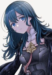 1girl armor black_armor black_cape blue_eyes blue_hair breasts cape closed_mouth commentary_request detached_collar expressionless female_byleth_(fire_emblem) fire_emblem fire_emblem:_three_houses grey_background highres long_hair looking_at_viewer medium_breasts nintendo roroichi simple_background solo